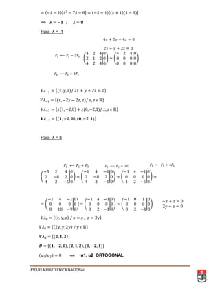 ESCUELA POLITÉCNICA NACIONAL
( ), - ( ),( )( )-
⟹
Para λ = -1
( | ) ( | )
*( ) +
*( ) +
* ( ) ( ) +
*( ) ( )+
Para λ = 8
( | ) ( | ) ( | )
( | ) ( | ) ( | )
*( ) +
*( ) +
*( )+
*( ) ( ) ( )+
( ) ⟹ u1, u2 ORTOGONAL
 
