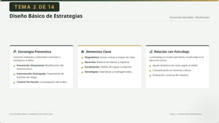 Prevención del Delito • Planificación
POLICÍA BOLIVIANA • EXAMEN DE ASCENSO 2026 TEMA 2 • ESTRATEGIAS PREVENTIVAS
Diseño Básico de Estrategias
Estrategia Preventiva
Conjunto ordenado y sistemático orientado a
anticiparse al delito.
Elementos Clave Relación con Patrullaje
La estrategia es el plan (qué hacer), el patrullaje es la
ejecución (cómo).
Prevención Situacional: Modificación del
entorno físico.
Intervención Anticipada: Tratamiento de
factores de riesgo.
Control Territorial: Consolidación del orden.
Diagnóstico: Zonas críticas y mapas de calor.
Recursos: Balance de talento y logística.
Focalización: Delitos de mayor incidencia.
Estrategias: Operativas y multiagenciales.
Ajuste dinámico de rutas según el delito.
Concentración en horarios críticos.
Evaluación continua de impacto.
▪
▪
▪
▪
▪
▪
▪
▪
▪
▪
 