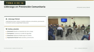 Articulación Social y Mando
POLICÍA BOLIVIANA • EXAMEN DE ASCENSO 2026 TEMA 4 • LIDERAZGO PREVENTIVO
Liderazgo en Prevención Comunitaria
Liderazgo Policial
Capacidad para guiar, motivar y coordinar esfuerzos comunitarios, promoviendo
la cohesión vecinal y la legitimidad institucional.
Estilos y Gestión
Autoritativo: Mando en situaciones de crisis o riesgo.
Participativo: Consenso en comités de seguridad.
Situacional: Adaptación flexible según el contexto.
Organización Vecinal: Redes de alerta y comunicación.
▪
▪
▪
▪
 