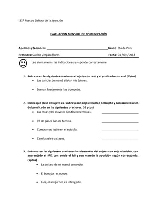 Examen mensual de comunicación 5to primaria | DOCX