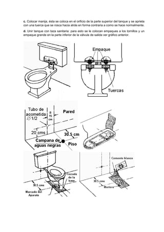 c. Colocar manija, ésta se coloca en el orificio de la parte superior del tanque y se aprieta
con una tuerca que se rosca hacia atrás en forma contraria a como se hace normalmente.
d. Unir tanque con taza sanitaria: para esto se le colocan empaques a los tornillos y un
empaque grande en la parte inferior de la válvula de salida ver gráfico anterior.
 