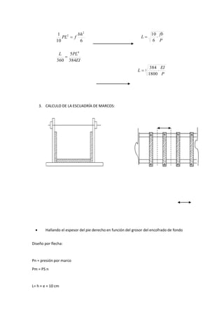 3. CALCULO DE LA ESCUADRÍA DE MARCOS:
 Hallando el espesor del pie derecho en función del grosor del encofrado de fondo
Diseño por flecha:
Pn = presión por marco
Pm = PS n
L= h + e + 10 cm
EI
PLL
bh
fPL
384
5
360
610
1
4
2
2


P
fb
L 
6
10
3
1800
384
P
EI
L 
 
