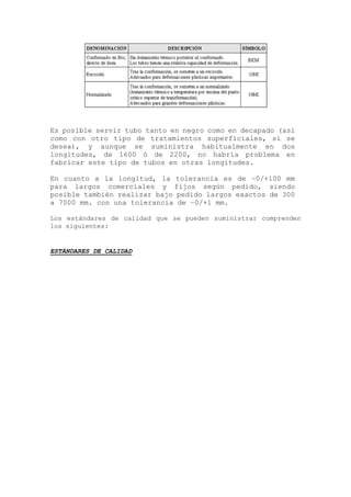 Es posible servir tubo tanto en negro como en decapado (así
como con otro tipo de tratamientos superficiales, si se
desea), y aunque se suministra habitualmente en dos
longitudes, de 1600 ó de 2200, no habría problema en
fabricar este tipo de tubos en otras longitudes.
En cuanto a la longitud, la tolerancia es de –0/+100 mm
para largos comerciales y fijos según pedido, siendo
posible también realizar bajo pedido largos exactos de 300
a 7000 mm. con una tolerancia de –0/+1 mm.
Los estándares de calidad que se pueden suministrar comprenden
los siguientes:
ESTÁNDARES DE CALIDAD
 
