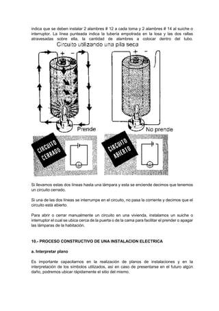 indica que se deben instalar 2 alambres # 12 a cada toma y 2 alambres # 14 al suiche o
interruptor. La línea punteada indica la tubería empotrada en la losa y las dos rallas
atravesadas sobre ella, la cantidad de alambres a colocar dentro del tubo.
Si llevamos estas dos líneas hasta una lámpara y esta se enciende decimos que tenemos
un circuito cerrado.
Si una de las dos líneas se interrumpe en el circuito, no pasa la corriente y decimos que el
circuito está abierto.
Para abrir o cerrar manualmente un circuito en una vivienda, instalamos un suiche o
interruptor el cual se ubica cerca de la puerta o de la cama para facilitar el prender o apagar
las lámparas de la habitación.
10.- PROCESO CONSTRUCTIVO DE UNA INSTALACION ELECTRICA
a. Interpretar plano
Es importante capacitarnos en la realización de planos de instalaciones y en la
interpretación de los símbolos utilizados, así en caso de presentarse en el futuro algún
daño, podremos ubicar rápidamente el sitio del mismo.
 