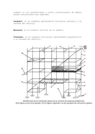 andamio si son prefabricados y pisos convencionales de madera
pueden suministrarse por separado.
Larguero, es un elemento generalmente horizontal paralelo a la
fachada del edificio.
Montante, es un elemento vertical de un andamio.
Travesaño, es un elemento horizontal, generalmente perpendicular
a la fachada del edificio.
 
