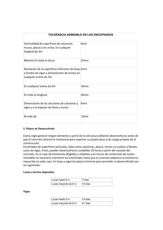 TOLERANCIA ADMISIBLE EN LOS ENCOFRADOS
Verticalidad de superficies de columnas,
muros, placas y en arista. En cualquier
longitud de 3m
6mm
Máximo En toda la altura 25mm
Nivelación de la superficies inferiores de losas
y fondos de vigas y alineamiento de aristas en
cualquier tramo de 3m
6mm
En cualquier tramo de 6m 10mm
En toda la longitud 20mm
Dimensiones de las secciones de columnas y
vigas y e el espesor de losas y muros
6mm
Ni mas de 12mm
2. Plazos de Desencofrado
Como regla general ningún elemento o parte de la estructura deberán desencofrarse antes de
que el concreto alcance la resistencia para soportar su propio peso y las cargas propias de la
construcción.
Encofrados de superficies verticales, tales como columnas, placas, muros no sujetos a flexión,
caras de vigas, frisos, pueden desencofrarse cumplidas 24 horas a partir del vaciado del
concreto. En el caso de elementos delgados o esbeltos y en muros de contención de suelos
inestables es necesario mantener los encofrados hasta que el concreto adquiera la resistencia
requerida en cada caso. En losas y vigas los plazos mínimos para proceder al desencofrado son
los siguientes:
Losas y techos aligerados
Luces hasta 6 m 7 días
Luces mayores de 6 m 10 días
Vigas
Luces hasta 6 m 14 días
Luces mayores de 6 m 21 días
 