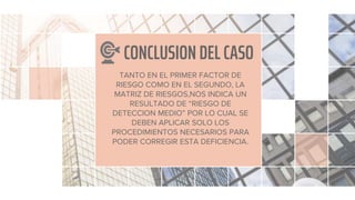 CONCLUSION DEL CASO
TANTO EN EL PRIMER FACTOR DE
RIESGO COMO EN EL SEGUNDO, LA
MATRIZ DE RIESGOS,NOS INDICA UN
RESULTADO DE “RIESGO DE
DETECCION MEDIO” POR LO CUAL SE
DEBEN APLICAR SOLO LOS
PROCEDIMIENTOS NECESARIOS PARA
PODER CORREGIR ESTA DEFICIENCIA.
 