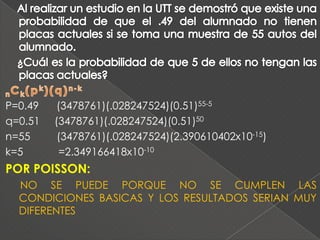 P=0.49   (3478761)(.028247524)(0.51)55-5
q=0.51   (3478761)(.028247524)(0.51)50
n=55      (3478761)(.028247524)(2.390610402x10-15)
k=5       =2.349166418x10-10
POR POISSON:
  NO SE PUEDE PORQUE NO SE CUMPLEN LAS
  CONDICIONES BASICAS Y LOS RESULTADOS SERIAN MUY
  DIFERENTES
 