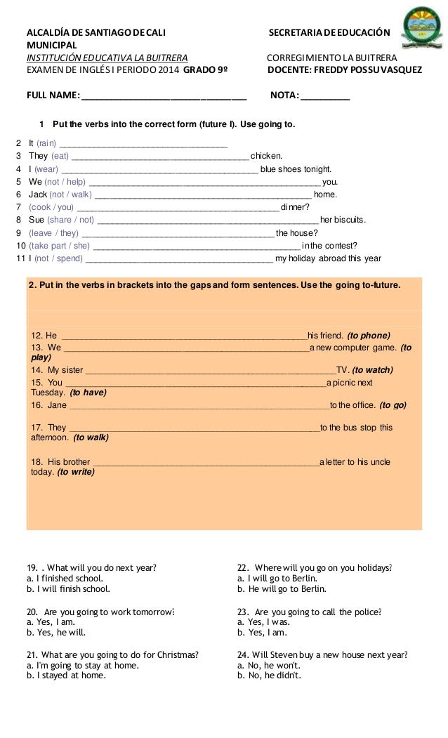 Examen de english grado noveno primer periodo 2014 freddy