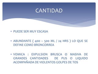  PUEDE SER MUY ESCASA
 ABUNDANTE ( 400 – 500 ML / 24 HRS ) LO QUE SE
DEFINE COMO BRONCORREA
 VOMICA : EXPULSION BRUSCA O MASIVA DE
GRANDES CANTIDADES DE PUS O LIQUIDO
ACOMPAÑADA DE VIOLENTOS GOLPES DE TOS
CANTIDAD
 