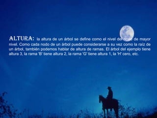 Nodo hoja: nodo que no tiene hijos. En el ejemplo hay varios: 'F', 'H', 'I', 'K', 'L', 'M', 'N' y 'O'.Nodo rama: aunque esta definición apenas la usaremos, estos son los nodos que no pertenecen a ninguna de las dos categorías anteriores. En el ejemplo: 'B', 'C', 'D', 'E', 'G' y 'J‘.