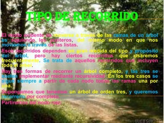 Los árboles de orden dos son bastante especiales, de hecho les dedicaremos varios capítulos. Estos árboles se conocen también como árboles binarios.Frecuentemente, aunque tampoco es estrictamente necesario, para hacer más fácil moverse a través del árbol, añadiremos un puntero a cada nodo que apunte al nodo padre. De este modo podremos avanzar en dirección a la raíz, y no sólo hacia las hojas