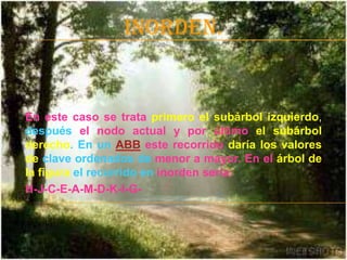 Tipo de RecorridoEl modo evidente de moverse a través de lasramas de un árbol es siguiendo los punteros, del mismo modo en que nos movíamos a través de las listas.Esos recorridos dependen en gran medida del tipo y propósito del árbol, pero hay ciertos recorridos que usaremos frecuentemente. Se trata de aquellos recorridos que incluyen todo el árbol.Hay tres formas de recorrer un árbol completo, y las tres se suelen implementar mediante recursividad. En los tres casos se sigue siempre a partir de cada nodo todas las ramas una por una.Supongamos que tenemos un árbol de orden tres, y queremos recorrerlo por completo.Partiremos del nodo raíz: