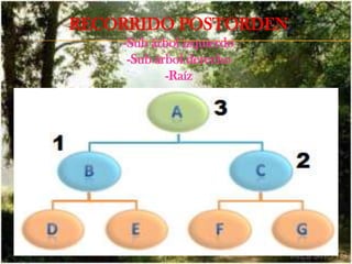 INORDEN.En este caso se trata primero el subárbol izquierdo, después el nodo actual y por último el subárbol derecho. En un ABBeste recorrido daría los valores de clave ordenados de menor a mayor. En el árbol de la figura el recorrido en inorden sería:H-J-C-E-A-M-D-K-I-G-