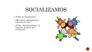  ¿Cómo se organizaron?
 ¿Qué pasos siguieron para
construir la torre?
 ¿Cómo denominaríamos al
conjunto de pasos que
realizaron?
 