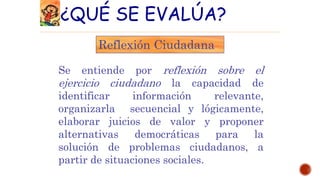 ¿QUÉ SE EVALÚA?
Reflexión Ciudadana
Se entiende por reflexión sobre el
ejercicio ciudadano la capacidad de
identificar información relevante,
organizarla secuencial y lógicamente,
elaborar juicios de valor y proponer
alternativas democráticas para la
solución de problemas ciudadanos, a
partir de situaciones sociales.
 