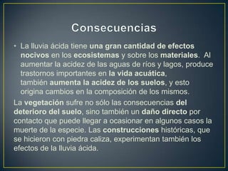 • La lluvia ácida tiene una gran cantidad de efectos
  nocivos en los ecosistemas y sobre los materiales. Al
  aumentar la acidez de las aguas de ríos y lagos, produce
  trastornos importantes en la vida acuática,
  también aumenta la acidez de los suelos, y esto
  origina cambios en la composición de los mismos.
La vegetación sufre no sólo las consecuencias del
deterioro del suelo, sino también un daño directo por
contacto que puede llegar a ocasionar en algunos casos la
muerte de la especie. Las construcciones históricas, que
se hicieron con piedra caliza, experimentan también los
efectos de la lluvia ácida.
 