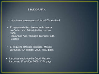 BIBLIOGRAFIA.



 • http://www.ecojoven.com/cinco/07/suelo.html

• El impacto del hombre sobre la tieerra
  de Ordanza N. Editorial trillas mexico
  1986
 • Barahona Ana, "Biología Ciencias" edit.
   Castillo


• El pequeño larousse ilustrado, Mexico,
  Larousse, 12º edicion, 2006, 1827 págs.


• Larousse enciclopedia Quod, Mexico,
  Larousse, 1º edición, 2006, 1374 págs.
 