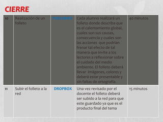CIERRE
10

Realización de un
folleto

PUBLISHER

Cada alumno realizará un
folleto donde describa que
es el calentamiento global,
cuales son sus causas,
consecuencia y cuales son
las acciones que podrían
frenar tal efecto de tal
manera que invite a los
lectores a reflexionar sobre
el cuidado del medio
ambiente. El folleto deberá
llevar imágenes, colores y
deberá estar presentable y
sin faltas de ortografía.

40 minutos

11

Subir el folleto a la
red

DROPBOX

Una vez revisado por el
docente el folleto deberá
ser subido a la red para que
este guardado ya que es el
producto final del tema

15 minutos

 