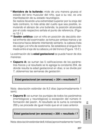 * Maniobra de la bufanda: mide de una manera gruesa el
   estado del tono muscular del niño, que a su vez, es una
   manifestación de su estado neurológico.
   Se realiza llevando una extremidad superior por la oreja del
   lado contrario, lo más atrás del cuello que sea posible, si-
   mulando el abrazo de una bufanda; la posición alcanzada
   por el codo respectivo señala el punto de referencia. (Figu-
   ra 12-1 )
** Sostén cefálico: con el niño en posición de decúbito dor-
   sal enfrente del examinador, se toma por ambas manos y se
   tracciona hacia delante intentando sentarlo; la cabeza trata
   de colgar y el niño de sostenerla. Se establece el ángulo for-
   mado entre el eje de la cabeza y el del tronco (Figura 12-2 ).
La estimación de la edad gestacional se puede hacer de dos
maneras:
• Capurro A: se suman las 5 calificaciones de los paráme-
  tros físicos y al resultado se le agrega la constante 204, de
  donde resulta la edad gestacional en días; si se divide por
  7, obtenemos las semanas de gestación:


    Edad gestacional (en semanas) = 204 + resultado /7


Nota: desviación estándar de 9,2 días (aproximadamente 1
sem).
• Capurro B: se suman los puntajes de todos los parámetros
  (morfológicos y neurológicos) a excepción del número 4:
  formación del pezón. Al resultado se le suma la constante
                                                                     12




  200 y se procede de igual modo que en el caso anterior.
                                                                    pediátrico
                                                                     Examen




   Edad gestacional (en semanas) = 200 + resultado / 7


Nota: desviación estándar de 8,4 días (aproximadamente 1 sem).

                                                             257
 