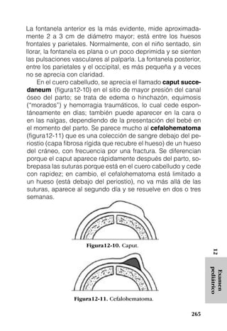 La fontanela anterior es la más evidente, mide aproximada-
mente 2 a 3 cm de diámetro mayor; está entre los huesos
frontales y parietales. Normalmente, con el niño sentado, sin
llorar, la fontanela es plana o un poco deprimida y se sienten
las pulsaciones vasculares al palparla. La fontanela posterior,
entre los parietales y el occipital, es más pequeña y a veces
no se aprecia con claridad.
     En el cuero cabelludo, se aprecia el llamado caput succe-
 daneum (figura12-10) en el sitio de mayor presión del canal
 óseo del parto; se trata de edema o hinchazón, equimosis
 (“morados”) y hemorragia traumáticos, lo cual cede espon-
 táneamente en días; también puede aparecer en la cara o
 en las nalgas, dependiendo de la presentación del bebé en
 el momento del parto. Se parece mucho al cefalohematoma
 (figura12-11) que es una colección de sangre debajo del pe-
 riostio (capa fibrosa rígida que recubre el hueso) de un hueso
 del cráneo, con frecuencia por una fractura. Se diferencian
 porque el caput aparece rápidamente después del parto, so-
 brepasa las suturas porque está en el cuero cabelludo y cede
 con rapidez; en cambio, el cefalohematoma está limitado a
 un hueso (está debajo del periostio), no va más allá de las
 suturas, aparece al segundo día y se resuelve en dos o tres
 semanas.




                     Figura12-10. Caput.
                                                                   12
                                                                  pediátrico
                                                                   Examen




                 Figura12-11. Cefalohematoma.

                                                           265
 