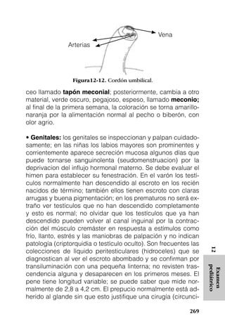 Vena
               Arterias




                 Figura12-12. Cordón umbilical.

ceo llamado tapón meconial; posteriormente, cambia a otro
material, verde oscuro, pegajoso, espeso, llamado meconio;
al final de la primera semana, la coloración se torna amarillo-
naranja por la alimentación normal al pecho o biberón, con
olor agrio.

• Genitales: los genitales se inspeccionan y palpan cuidado-
samente; en las niñas los labios mayores son prominentes y
corrientemente aparece secreción mucosa algunos días que
puede tornarse sanguinolenta (seudomenstruacion) por la
deprivacion del influjo hormonal materno. Se debe evaluar el
himen para establecer su fenestración. En el varón los testí-
culos normalmente han descendido al escroto en los recién
nacidos de término; también ellos tienen escroto con claras
arrugas y buena pigmentación; en los prematuros no será ex-
traño ver testículos que no han descendido completamente
y esto es normal; no olvidar que los testículos que ya han
descendido pueden volver al canal inguinal por la contrac-
ción del músculo cremáster en respuesta a estímulos como
frío, llanto, estrés y las maniobras de palpación y no indican
patología (criptorquidia o testículo oculto). Son frecuentes las
                                                                    12




colecciones de líquido peritesticulares (hidroceles) que se
diagnostican al ver el escroto abombado y se confirman por
transiluminación con una pequeña linterna; no revisten tras-
                                                                   pediátrico
                                                                    Examen




cendencia alguna y desaparecen en los primeros meses. El
pene tiene longitud variable; se puede saber que mide nor-
malmente de 2,8 a 4,2 cm. El prepucio normalmente está ad-
herido al glande sin que esto justifique una cirugía (circunci-

                                                            269
 