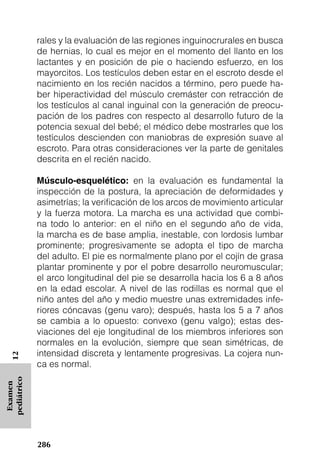 rales y la evaluación de las regiones inguinocrurales en busca
             de hernias, lo cual es mejor en el momento del llanto en los
             lactantes y en posición de pie o haciendo esfuerzo, en los
             mayorcitos. Los testículos deben estar en el escroto desde el
             nacimiento en los recién nacidos a término, pero puede ha-
             ber hiperactividad del músculo cremáster con retracción de
             los testículos al canal inguinal con la generación de preocu-
             pación de los padres con respecto al desarrollo futuro de la
             potencia sexual del bebé; el médico debe mostrarles que los
             testículos descienden con maniobras de expresión suave al
             escroto. Para otras consideraciones ver la parte de genitales
             descrita en el recién nacido.

             Músculo-esquelético: en la evaluación es fundamental la
             inspección de la postura, la apreciación de deformidades y
             asimetrías; la verificación de los arcos de movimiento articular
             y la fuerza motora. La marcha es una actividad que combi-
             na todo lo anterior: en el niño en el segundo año de vida,
             la marcha es de base amplia, inestable, con lordosis lumbar
             prominente; progresivamente se adopta el tipo de marcha
             del adulto. El pie es normalmente plano por el cojín de grasa
             plantar prominente y por el pobre desarrollo neuromuscular;
             el arco longitudinal del pie se desarrolla hacia los 6 a 8 años
             en la edad escolar. A nivel de las rodillas es normal que el
             niño antes del año y medio muestre unas extremidades infe-
             riores cóncavas (genu varo); después, hasta los 5 a 7 años
             se cambia a lo opuesto: convexo (genu valgo); estas des-
             viaciones del eje longitudinal de los miembros inferiores son
             normales en la evolución, siempre que sean simétricas, de
             intensidad discreta y lentamente progresivas. La cojera nun-
   12




             ca es normal.
pediátrico
 Examen




             286
 