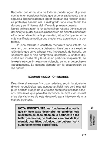 Recordar que en la vida no todo se puede lograr al primer
contacto; en ocasiones habrá que esperar sabiamente a una
segunda oportunidad para lograr entablar esa relación ideal;
es preferible hacerlo así, a malograrlo todo violentando los
deseos y sentimientos del niño en la primera consulta.
Nunca se insistirá en lo fundamental del respeto por el cuerpo
del niño y el pudor que ellos manifiesten de distintas maneras;
ellos tienen derecho a la privacidad, situación que se torna
más manifiesta a medida que crecen y se aproximan a la pu-
bertad.
    Un niño rebelde o asustado rechazará todo intento de
examen; por tanto, nunca deberá omitirse una clara explica-
ción de lo que se va a hacer y su importancia de hacerlo, en
un idioma que el niño comprenda fácilmente. Cuando la difi-
cultad sea insalvable y la situación particular inaplazable, se
le explicará con firmeza y sin violencia, en lugar de pedírselo
repetidamente. Se contará siempre con la colaboración de
los padres.


              EXAMEN FÍSICO POR EDADES

Describiré el examen físico por edades, según la siguiente
división cronológica, que aunque artificial, nos será muy útil
pues delimita etapas de la vida con características más o me-
nos relevantes que permiten reconocer la evolución normal
y las desviaciones de este desarrollo para intervenir de una
manera oportuna.
                                                                   12




     NOTA IMPORTANTE: es fundamental advertir
     que en este texto describiré los cambios más
     relevantes de cada etapa en lo pertinente a los
                                                                  pediátrico
                                                                   Examen




     hallazgos físicos, no tanto los cambios de tipo
     mental, cognitivo, psíquico, que deberán con-
     sultarse en textos especíﬁcos.


                                                           249
 
