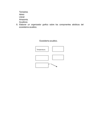 Terrestres
   Aéreo
   Litoral
   Amazonia.
   Acuáticos
8. Elaborar un organizador grafico sobre los componentes abióticos del
   ecosistema acuático.




                        Ecosistema acuático.



                     Temperatura.
 
