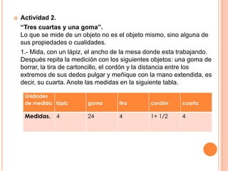    Actividad 2.
    “Tres cuartas y una goma”.
    Lo que se mide de un objeto no es el objeto mismo, sino alguna de
    sus propiedades o cualidades.
    1.- Mida, con un lápiz, el ancho de la mesa donde esta trabajando.
    Después repita la medición con los siguientes objetos: una goma de
    borrar, la tira de cartoncillo, el cordón y la distancia entre los
    extremos de sus dedos pulgar y meñique con la mano extendida, es
    decir, su cuarta. Anote las medidas en la siguiente tabla.

     Unidades
     de medida lápiz       goma       tira      cordón     cuarta

     Medidas.   4          24         4         1+ 1/2     4
 