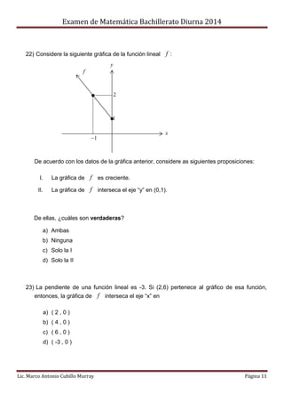 Examen de Matemática Bachillerato Diurna 2014
Lic. Marco Antonio Cubillo Murray Página 11
22) Considere la siguiente gráfi...