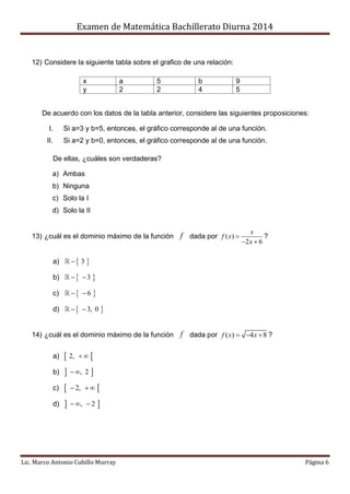 Examen de Matemática Bachillerato Diurna 2014
Lic. Marco Antonio Cubillo Murray Página 6
12) Considere la siguiente tabla ...