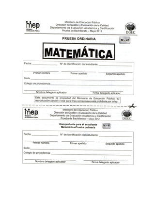 Examen de matemática de bachillerato mayo 2012