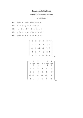 Examen de Matices

CISNEROS HERNANDEZ GUILLERMO

        UTILICE GAUSS




                               =




                                   =
 