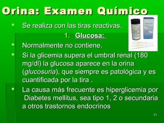 Orina: Examen Químico
    Se realiza con las tiras reactivas.
                    1. Glucosa:
    Normalmente no contiene.
    Si la glicemia supera el umbral renal (180
     mg/dl) la glucosa aparece en la orina
     (glucosuria), que siempre es patológica y es
     cuantificada por la tira .
    La causa más frecuente es hiperglicemia por
      Diabetes mellitus, sea tipo 1, 2 o secundaria
     a otros trastornos endocrinos
                                                 11
 