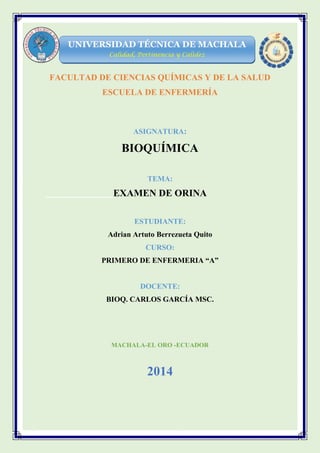UNIVERSIDAD TÉCNICA DE MACHALA
Calidad, Pertinencia y Calidez

FACULTAD DE CIENCIAS QUÍMICAS Y DE LA SALUD
ESCUELA DE ENFERMERÍA

ASIGNATURA:

BIOQUÍMICA
TEMA:

EXAMEN DE ORINA
ESTUDIANTE:
Adrian Artuto Berrezueta Quito
CURSO:
PRIMERO DE ENFERMERIA “A”

DOCENTE:
BIOQ. CARLOS GARCÍA MSC.

MACHALA-EL ORO -ECUADOR

2014

 