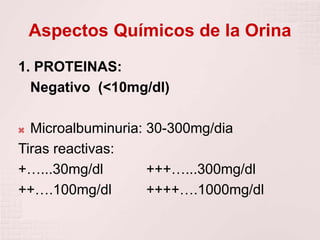 Aspectos Químicos de la Orina
1. PROTEINAS:
Negativo (<10mg/dl)
 Microalbuminuria: 30-300mg/dia
Tiras reactivas:
+…...30mg/dl +++…...300mg/dl
++….100mg/dl ++++….1000mg/dl
 