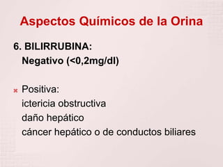 Aspectos Químicos de la Orina
6. BILIRRUBINA:
Negativo (<0,2mg/dl)
 Positiva:
ictericia obstructiva
daño hepático
cáncer hepático o de conductos biliares
 