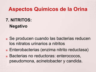 Aspectos Químicos de la Orina
7. NITRITOS:
Negativo
 Se producen cuando las bacterias reducen
los nitratos urinarios a nitritos
 Enterobacterias (enzima nitrito reductasa)
 Bacterias no reductoras: enterococos,
pseudomona, acinetobacter y candida.
 