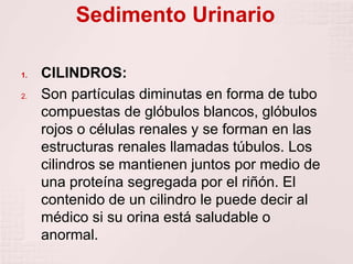 Sedimento Urinario
1. CILINDROS:
2. Son partículas diminutas en forma de tubo
compuestas de glóbulos blancos, glóbulos
rojos o células renales y se forman en las
estructuras renales llamadas túbulos. Los
cilindros se mantienen juntos por medio de
una proteína segregada por el riñón. El
contenido de un cilindro le puede decir al
médico si su orina está saludable o
anormal.
 