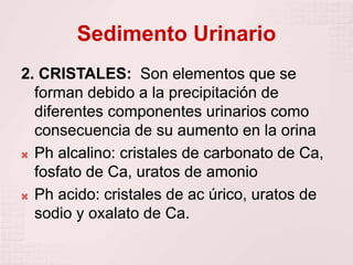 Sedimento Urinario
2. CRISTALES: Son elementos que se
forman debido a la precipitación de
diferentes componentes urinarios como
consecuencia de su aumento en la orina
 Ph alcalino: cristales de carbonato de Ca,
fosfato de Ca, uratos de amonio
 Ph acido: cristales de ac úrico, uratos de
sodio y oxalato de Ca.
 