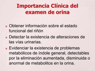 Importancia Clínica del
examen de orina
 Obtener información sobre el estado
funcional del riñón
 Detectar la existencia de alteraciones de
las vías urinarias.
 Evidenciar la existencia de problemas
metabólicos de índole general, detectables
por la eliminación aumentada, disminuida o
anormal de metabolitos en la orina.
 