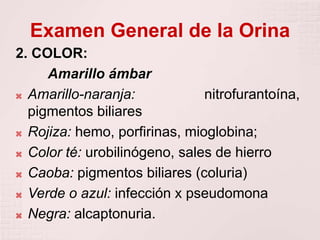 Examen General de la Orina
2. COLOR:
Amarillo ámbar
 Amarillo-naranja: nitrofurantoína,
pigmentos biliares
 Rojiza: hemo, porfirinas, mioglobina;
 Color té: urobilinógeno, sales de hierro
 Caoba: pigmentos biliares (coluria)
 Verde o azul: infección x pseudomona
 Negra: alcaptonuria.
 