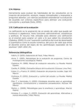 35Conceptos nucleares
María Luisa Mendieta Hernández
2.14. Rúbrica
Herramienta para evaluar las habilidades de los estudiantes en la
creación de proyectos, ensayos, mapas conceptuales y respuestas a
preguntas abiertas. Las rúbricas posibilitan estandarizar la evaluación
de acuerdo con criterios específicos para delinear una evaluación
consistente y acertada (Soto, 2010).
2.15. Calificación en la evaluación
La calificación es la asignación de un grado de valor que puede ser
numérico o algebraico, tiene funciones administrativas, estadísticas
y políticas. El recurso más utilizado para obtener una calificación
es el examen para asignar un valor a lo que saben los estudiantes
(Zabalza, 2000). Es una “expresión cualitativa del nivel de desempeño
o cuantitativa como la escala numérica, del juicio de valor que emita
el docente acerca del logro de los aprendizajes esperados de los
alumnos” (SEP, 2012: 21).
Referencias bibliográficas
Adkins, D. (2010). Elaboración de Tests, Trillas: México.
Alvira, F. (2001). Metodología de la evaluación de programas, Centro de
Investigaciones Sociológicas: Madrid.
Casanova, M. (1999). Manual de evaluación educativa, La Muralla: Madrid,
España.
Castillo, R. (2008). Conceptos básicos de la evaluación, Encause: Lima, Perú.
Cohen, E. y Franco, R. (2002). Evaluación de proyectos sociales, Siglo XXI:
México.
Contreras, R. (2010). Evaluación y control del estudio, La Muralla: Madrid,
España.
Díaz, F. y Hernández, G. (2002). Estrategias docentes para un aprendizaje
significativo. Constructivismo y evaluación psicoeducativa, McGraw Hill:
México.
Merton, L. (2009). Metodologías para la enseñanza y aprendizaje, Alianza:
Madrid.
Hinojosa, E. y López, S. (2003). Evaluación del aprendizaje. Alternativas y
nuevos desarrollos, Trillas: México.
 