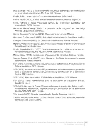 61Orientación general acerca de la evaluación formativa y el examen de preguntas abiertas
Ma. Guadalupe Laurent Luna
Díaz Barriga Frida y Gerardo Hernández (2002). Estrategias docentes para
un aprendizaje significativo, Mc Graw Hill: México.
Frade, Rubio Laura (2012). Competencias en el aula, GEM: México.
Freire, Paulo (2004). Cartas a quien pretende enseñar, México: Siglo XXI.
Frola, Patricia y Jesús Velázquez (2012). La evaluación cualitativa del
aprendizaje, CIECI: México.
Gadamer, Hans–Georg (1992). “La primacía de la pregunta” en: Verdad y
Método I, Sígueme: Salamanca.
García Córdoba Fernando (2012). El cuestionario, Limusa: México.
Genovard C.y Gotzens C. (1990). Psicología de la instrucción. Santillana: Madrid.
Larroyo, Francisco (1982). La Ciencia de la educación, Porrúa: México.
Morales, Vallejo Pedro (2010). Ser Profesor: una mirada al alumno, Universidad
Rafael Landívar: Guatemala.
Morán, Oviedo Porfirio (2007). “Hacia una evaluación cualitativa en el aula en:
Revista Reencuentro, No. 48, abril. UAM Xochimilco: México.
Morín, Edgar (1994). Introducción al pensamiento complejo, Gedisa: México.
Santos Guerra, M.A. (2003). Una flecha en la Diana. La evaluación como
aprendizaje, Narcea: Madrid.
SEP (2011). Acuerdo Número 592 por el que se establece la Articulación de la
Educación Básica, SEP: México.
SEP (2011b). Acuerdo Número 696 por el que se establecen normas generales
para la evaluación, acreditación, promoción y certificación en la educación
básica, SEP: México.
SEP (2011c). Plan de estudios 2011 de Educación Básica, SEP: México.
SEP (2012). Serie: Herramientas para la evaluación en Educación Básica,
Cuaderno No. 4.
SEP (2013). Normas de Control Escolar relativas a la Inscripción, Reinscripción,
Acreditación, Promoción, Regularización y Certificación en la Educación
Básica 2013-2014, SEP: México.
Tiba Icami (2006). Enseñar aprendiendo, Aguilar Fontanar: México.
Zabala, Antoni y Laia Arnau (2008). 11 ideas clave. Cómo aprender y enseñar
competencias, Graó: España.
 