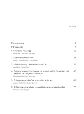 3 Índice
Presentación 9
Introducción 11
1. Referente histórico 15
Elizabeth Camacho Macedo
2. Conceptos nucleares 29
María Luisa Mendieta Hernández
3. Dimensiones y tipos de evaluación 37
José Blas Mejía Mata
4. Orientación general acerca de la evaluación formativa y el
examen de preguntas abiertas
47
Ma. Guadalupe Laurent Luna
5. Criterios para diseñar preguntas abiertas 63
Josefa Edith Hernández Carrillo
6. Criterios para evaluar respuestas a preguntas abiertas 77
Enrique Mejía Reyes 18
 