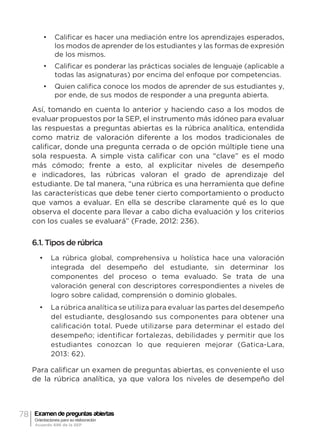 78 Examen de preguntas abiertas
Orientaciones para su elaboración
Acuerdo 696 de la SEP
•	 Calificar es hacer una mediación entre los aprendizajes esperados,
los modos de aprender de los estudiantes y las formas de expresión
de los mismos.
•	 Calificar es ponderar las prácticas sociales de lenguaje (aplicable a
todas las asignaturas) por encima del enfoque por competencias.
•	 Quien califica conoce los modos de aprender de sus estudiantes y,
por ende, de sus modos de responder a una pregunta abierta.
Así, tomando en cuenta lo anterior y haciendo caso a los modos de
evaluar propuestos por la SEP, el instrumento más idóneo para evaluar
las respuestas a preguntas abiertas es la rúbrica analítica, entendida
como matriz de valoración diferente a los modos tradicionales de
calificar, donde una pregunta cerrada o de opción múltiple tiene una
sola respuesta. A simple vista calificar con una “clave” es el modo
más cómodo; frente a esto, al explicitar niveles de desempeño
e indicadores, las rúbricas valoran el grado de aprendizaje del
estudiante. De tal manera, “una rúbrica es una herramienta que define
las características que debe tener cierto comportamiento o producto
que vamos a evaluar. En ella se describe claramente qué es lo que
observa el docente para llevar a cabo dicha evaluación y los criterios
con los cuales se evaluará” (Frade, 2012: 236).
6.1. Tipos de rúbrica
•	 La rúbrica global, comprehensiva u holística hace una valoración
integrada del desempeño del estudiante, sin determinar los
componentes del proceso o tema evaluado. Se trata de una
valoración general con descriptores correspondientes a niveles de
logro sobre calidad, comprensión o dominio globales.
•	 La rúbrica analítica se utiliza para evaluar las partes del desempeño
del estudiante, desglosando sus componentes para obtener una
calificación total. Puede utilizarse para determinar el estado del
desempeño; identificar fortalezas, debilidades y permitir que los
estudiantes conozcan lo que requieren mejorar (Gatica-Lara,
2013: 62).
Para calificar un examen de preguntas abiertas, es conveniente el uso
de la rúbrica analítica, ya que valora los niveles de desempeño del
 