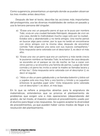 80 Examen de preguntas abiertas
Orientaciones para su elaboración
Acuerdo 696 de la SEP
Como sugerencia, presentamos un ejemplo donde se pueden observar
los tres niveles antes descritos:
Después de leer el texto, describe las acciones más importantes
del protagonista, usa las diversas modalidades de verbos en pasado y
usa la tercera persona del singular.
a)	 “Érase una vez un pequeño perro al que se le puso por nombre
Tobi, vivía en una ciudad llamada Metrópoli, después de vivir en
una casa, donde lo maltrataban mucho vago solo por la ciudad .
Estaba solo y abandonado y no tenía amigos. Una noche pensó
en buscar algo para comer, por lo que no tardó en encontrarse
con otros amigos con la misma idea; después de encontrar
comida Tobi organizó una cena con sus nuevos compañeros.”
Esta respuesta sería valorada con el descriptor 3, es decir el más
alto.
b)	 “Erase una vez un perro que era un cachorro y más tarde crecio
le pusieron nombre se llamaba Tobi, le echaron de casa después
se escondio en el parque se izo de noche; se fue a cazar con
otros perros y se encontra una familia de perros. Luego de tener
comida y el perro les invito a cenar la madre se llamaba lacera y
el hijo laz.”. Esta respuesta sería valorada con el descriptor 2, es
decir el regular.
c)	 “Abia un dia un pero gababundo y se llamaba balentin y bibia sol
y jugaba solo era muy feliz y era bonito y timido y es jugueton
entonces le gustaba jugar solo.” Esta respuesta sería valorada
con el descriptor 1, es decir, el más bajo.
En lo que se refiere a preguntas abiertas para la asignatura de
matemáticas, entendemos que se prioriza el planteamiento de
problemas que exigen una o más operaciones (dependiendo del
grado), de tal modo, el maestro valorará el procedimiento usado por
el alumno para llegar a las respuestas. Se sugiere aceptar la diversidad
de procedimientos, ya que pueden haber varios modos de llegar a la
resolución del planteamiento.
 
