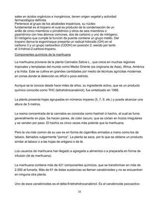 10
sales en ácidos orgánicos e inorgánicos, tienen origen vegetal y actividad
farmacológica definida.
Pertenece al grupo de los alcaloides tropánicos, su núcleo
fundamental es el tropano el cual es producto de la condensación de un
anillo de cinco miembros o pirrolidínico y otros de seis miembros o
piperidínico con tres átomos comunes, dos de carbono y uno de nitrógeno.
El nitrógeno que cumple la función de puente contiene un grupo metilo. Del
tropano deriva la ecgoninaque presenta un radical hidroxilo (OH) en el
carbono 3 y un grupo carboxílico (COOH) en posición 2; siendo por tanto
el 3-hidroxi-2-carboxi-tropano.
Componentes químicos de la marihuana
La marihuana proviene de la planta Cannabis Sativa L., que crece en muchas regiones
tropicales y templadas del mundo como Medio Oriente (es originaria de Asia), Africa, América
y la India. Este se cultiva en grandes cantidades por medio de técnicas agrícolas modernas
en zonas donde la detección es difícil o poco estricta.
Aunque se la conoce desde hace miles de años, su ingrediente activo, que es un producto
químico conocido como THC (tetrahidrocanabinol), fue sintetizado en 1966.
La planta presenta hojas agrupadas en números impares (5, 7, 9, etc.) y puede alcanzar una
altura de 5 metros.
La resina concentrada de la cannabis es conocida como hashish ó hachís, el cual se fuma
generalmente en pipa. Se hacen panes, de color oscuro, que se cortan en trozos irregulares
y se venden por peso. El hachís es cinco veces más potente que la marihuana.
Pero la vía más común de su uso es en forma de cigarrillos armados a mano como los de
tabaco, llamados vulgarmente "porros". La planta se seca, por lo que se obtiene un producto
similar al tabaco o a las hojas de orégano o de té.
Los usuarios de marihuana han llegado a agregarla a alimentos o a prepararla en forma de
infusión (té de marihuana).
La marihuana contiene más de 421 componentes químicos, que se transforman en más de
2.000 al fumarla. Más de 61 de éstas sustancias se llaman canabinoides y no se encuentran
en ninguna otra planta.
Uno de esos canabinoides es el delta-9-tetrahidrocanabinol. Es el canabinoide psicoactivo
 