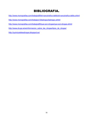 16
BIBLIOGRAFIA.
http://www.monografias.com/trabajos89/el-narcotrafico-delito/el-narcotrafico-delito.shtml
http://www.monografias.com/trabajos13/ladrogcc/ladrogcc.shtml
http://www.monografias.com/trabajos89/que-son-drogas/que-son-drogas.shtml
http://www.drugs.ie/es/informacion_sobre_las_drogas/tipos_de_drogas/
http://quimicadelasdrogas.blogspot.es/
 